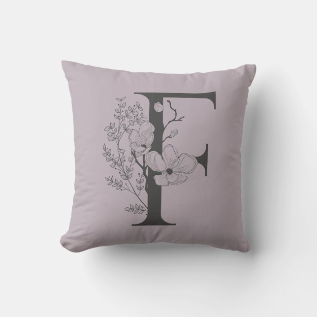 Coussin Élégant F Boho Floral Monogramme initial Lilac Gre (Recto)