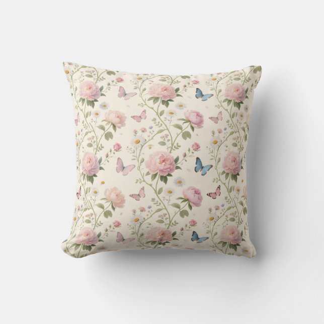 Coussin Elegant Floral & Butterfly Throw Pillow (Recto)