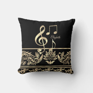 Coussin Élégant floral doré, clé de violon, note