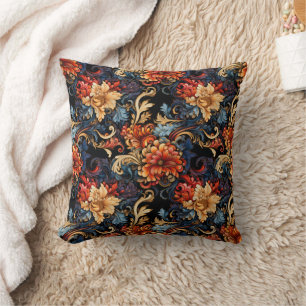 Coussin Élégant floral noir orange brûlé or