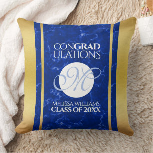 Coussin Élégant Graduation Monogramme Bleu Marbre Or Huile