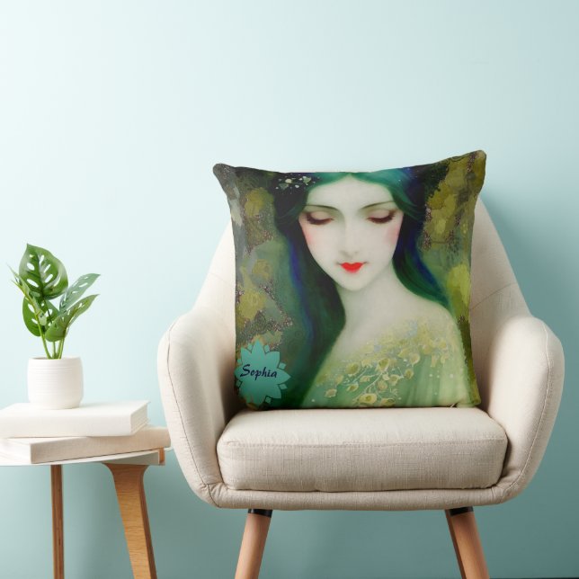 Coussin Élégant Imaginaire Portrait femme en vert et bleu (Chaise)