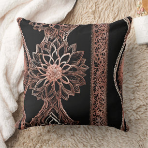 Coussin Élégant Mandala Floral Noir et Or Rose