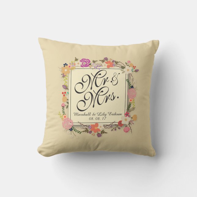 Coussin Elégant Mariage Floral Personnalisé (Recto)