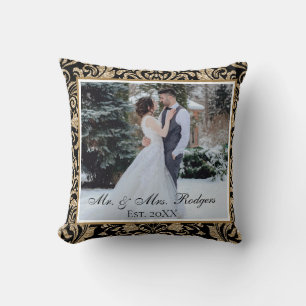 Coussin Élégant Mariage Photo Faux Paillettes Noir et Or 