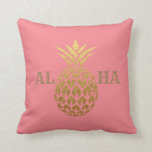 Coussin Élégant moderne Or Ananas Coral rose Aloha