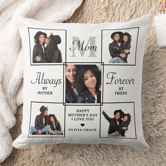 Coussin Élégant MOM Personnalisé Monogramme 5 Photo Collag (Créateur téléchargé)