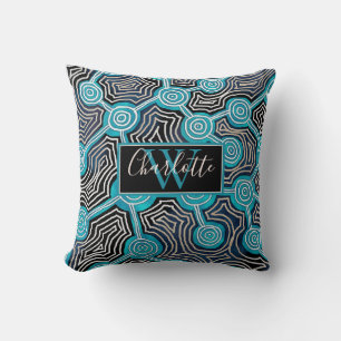 Coussin Élégant monogramme abstrait bleu écriture
