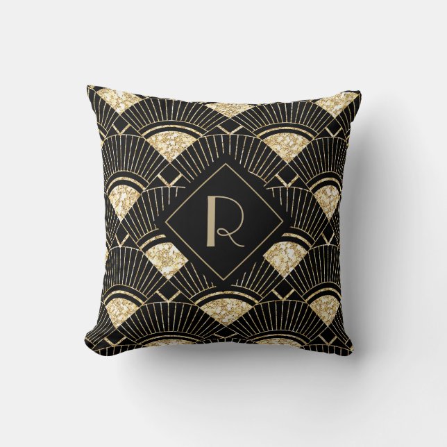 Coussin Élégant Monogramme Art Déco Noir et Or (Recto)