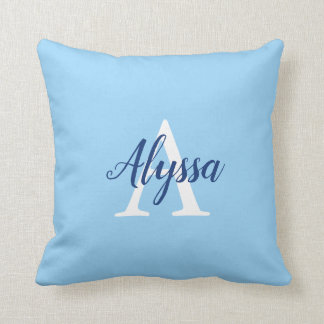 Coussin Élégant Monogramme Bleu Bleu Script Lancer Oreille