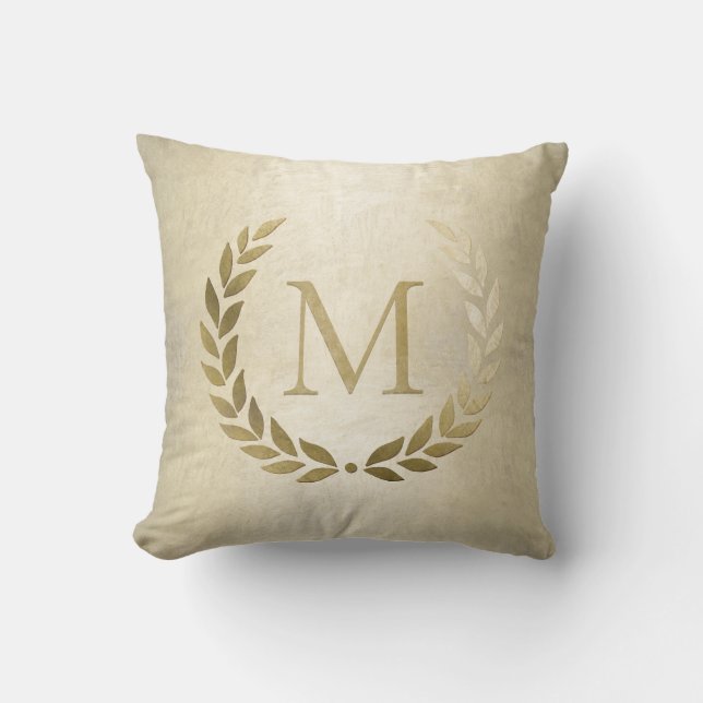 Coussin Élégant monogramme de couronne de laurier d'or ini (Recto)