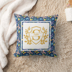 Coussin Élégant monogramme de crête dorée sur fond de wate