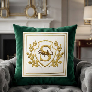 Coussin Élégant Monogramme de Crête Émeraude Vert et Or