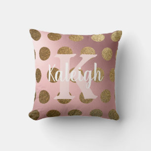 Coussin Élégant Monogramme de nom à pois rose poudré et or