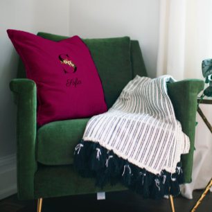 Coussin Élégant monogramme d'hibiscus bordeaux à lancer or