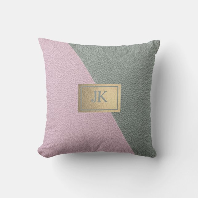 Coussin Élégant Monogramme en cuir rose vert (Recto)