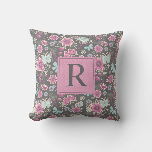 Coussin Élégant Monogramme Floral (Recto)