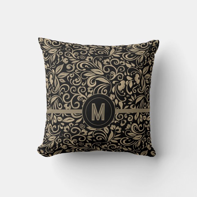 Coussin Élégant Monogramme floral d'argent noir (Recto)