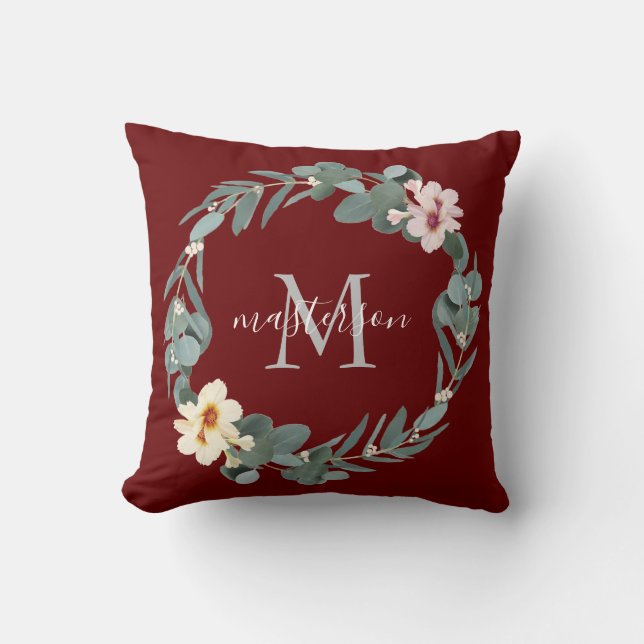 Coussin Élégant monogramme floral de l'Eucalyptus de Bourg (Recto)