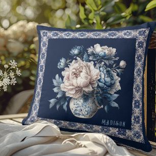Coussin Élégant monogramme floral en chinoiserie bleue