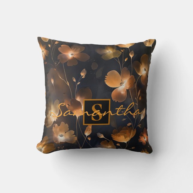 Coussin Élégant monogramme floral en terre cuite noire or  (Recto)