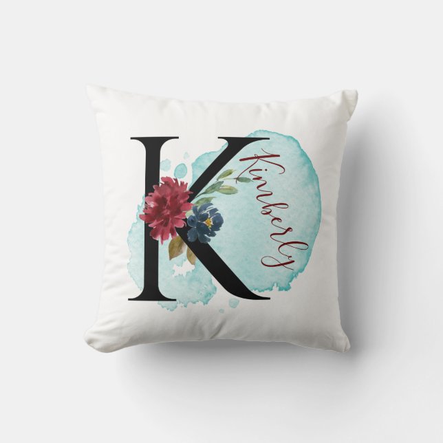 Coussin Élégant Monogramme Floral K Nom personnalisé (Recto)