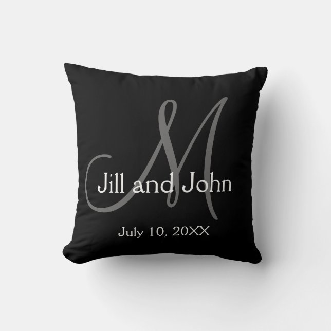 Coussin Élégant monogramme gris noir Mariage Gardien (Recto)