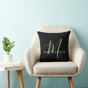 Coussin Élégant Monogramme moderne noir vert Script