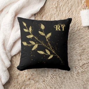 Coussin Élégant monogramme Plante noir et or