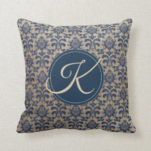Coussin Élégant Monogramme Tan et bleu Damask