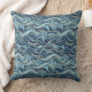 Coussin Élégant Motif à vague bleue avec accents or