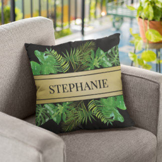 Coussin Élégant Motif Botanique Palm Vert Faux Or