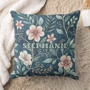 Coussin Élégant motif floral avec fleurs rose et crème
