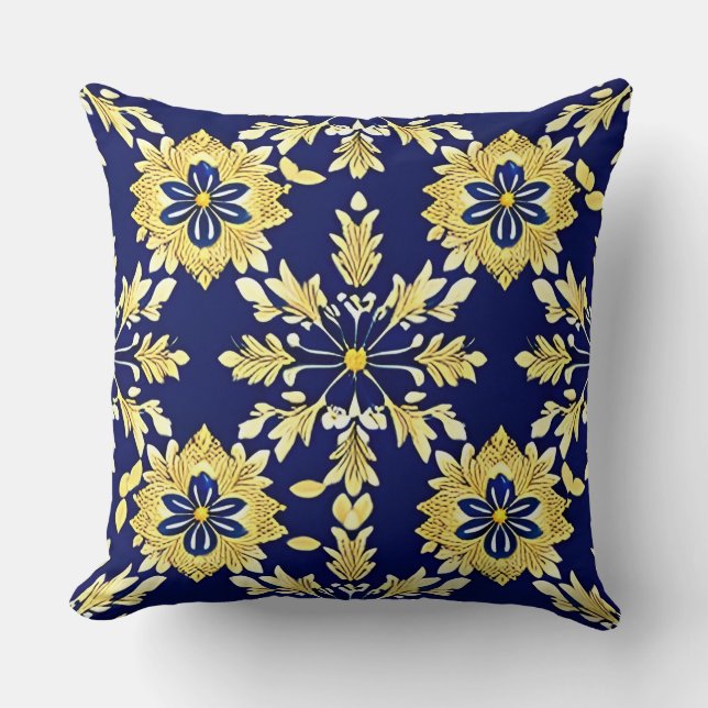 Coussin Élégant motif floral en or et bleu (Recto)