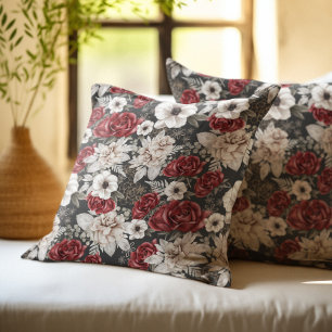 Coussin Élégant motif floral gris rose bordeaux