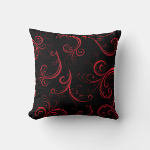 Coussin Élégant motif floral noir et rouge profond
