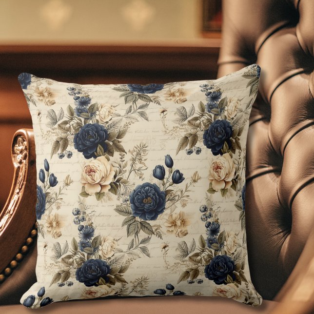 Coussin Elégant motif floral Rose crème bleue (Créateur téléchargé)