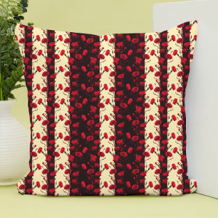 Coussin Élégant motif floral rouge noir rayures d'oeillet