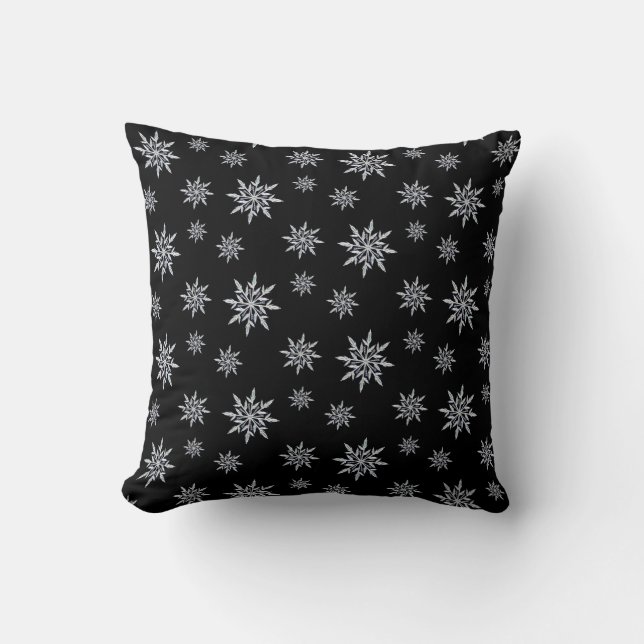 Coussin Élégant Motif Snowflake sur noir (Recto)