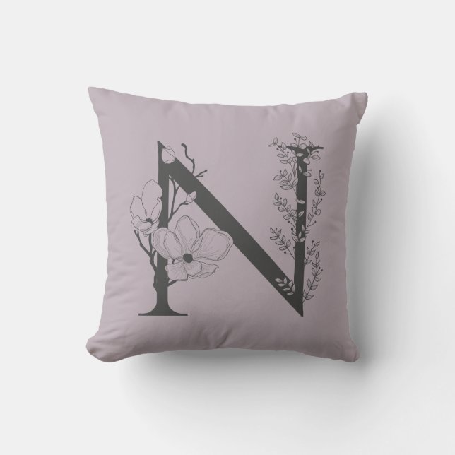 Coussin Élégant N Boho Floral Monogramme initial Lilac Gre (Recto)