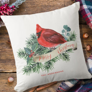 Coussin Élégant Noël botanique du pin cardinal rouge