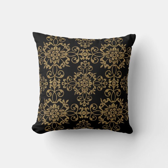 Coussin Elégant Noir avec Parties scintillant Or Damask De (Recto)