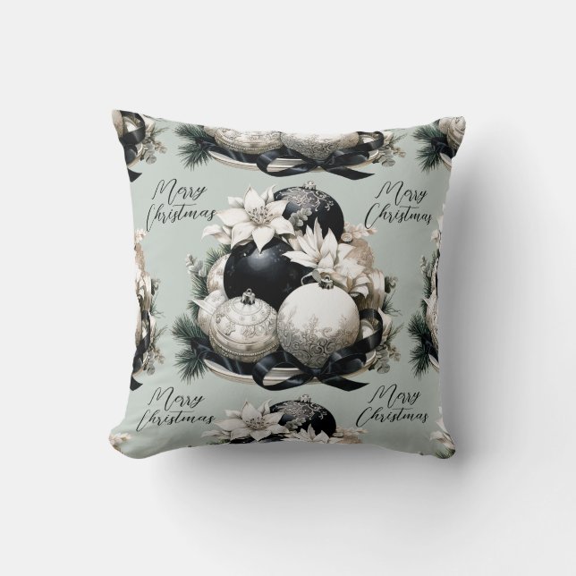 Coussin Élégant noir beige sauge vert ornement de Noël (Recto)