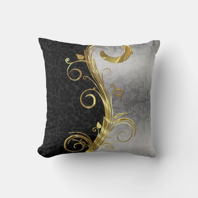 Coussin Elégant noir Damas Gold & Silver Swirls (Recto)