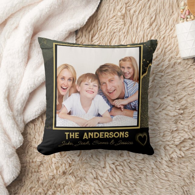 Coussin Élégant noir et or Nom de famille et photo (Couverture)
