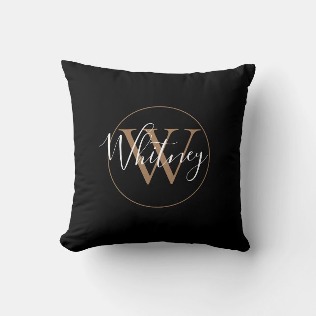 Coussin Élégant Noir et or Script Nom du monogramme (Recto)
