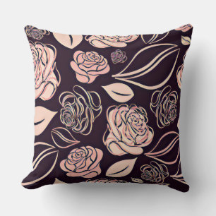 Coussin Élégant Noir et Pêcher Roses et Feuilles