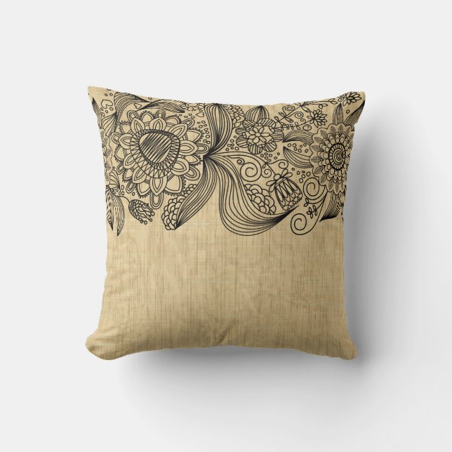 Coussin Elégant noir floral dentelle Beige Arrière - plan  (Recto)