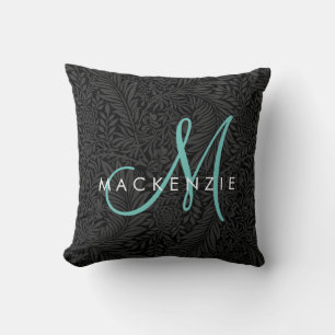 Coussin Élégant noir floral Turquoise Script Monogramme
