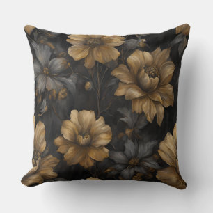 Coussin Élégant noir gris or floral